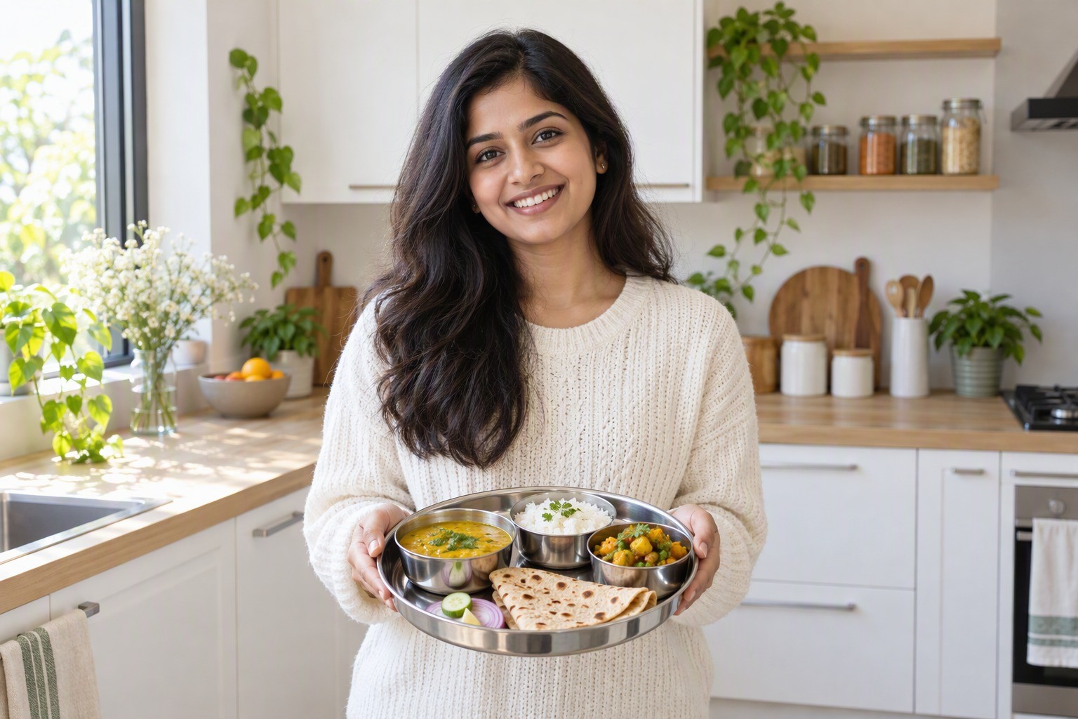 A woman holding an Indian thali