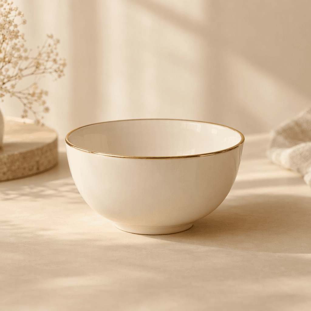 A cream bowl with a gold rim