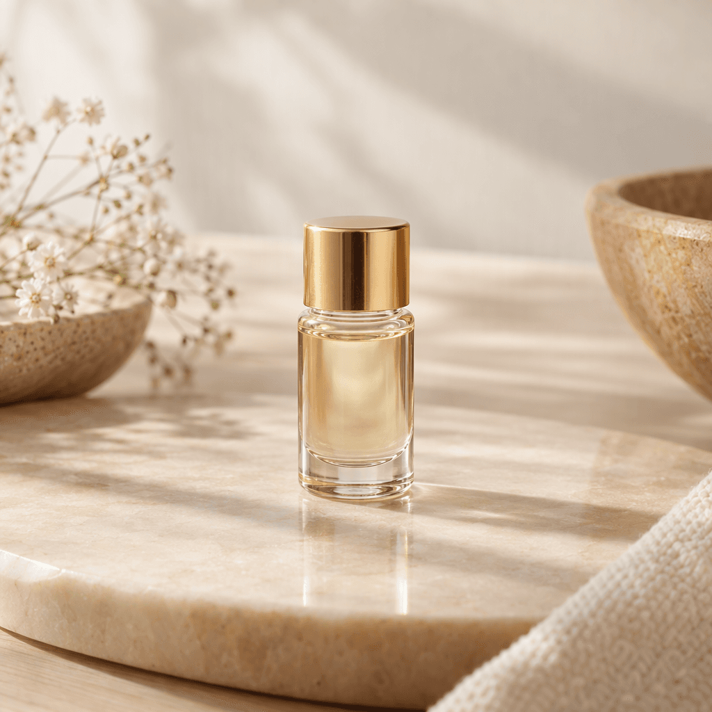 A small glass vial with a gold cap