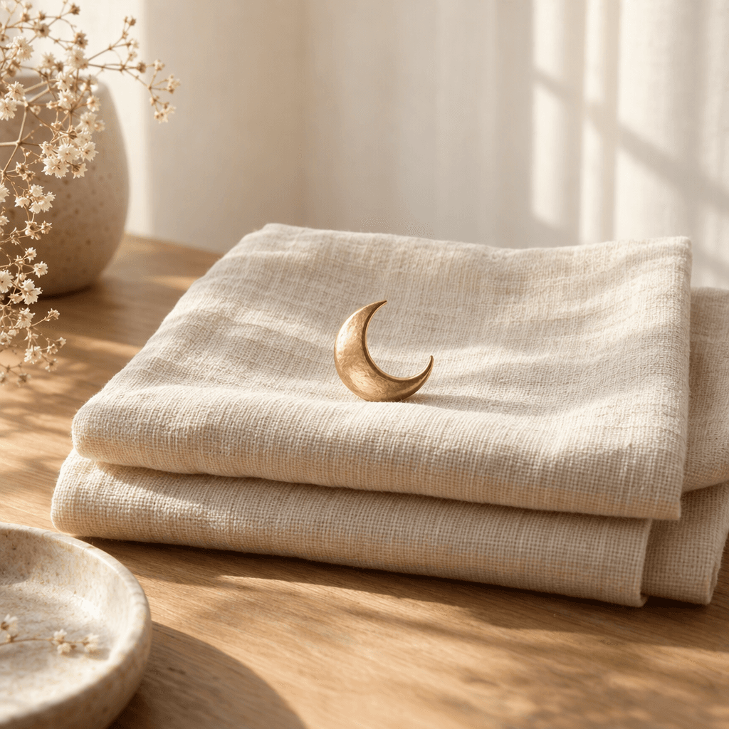 Folded cream linen with a gold crescent